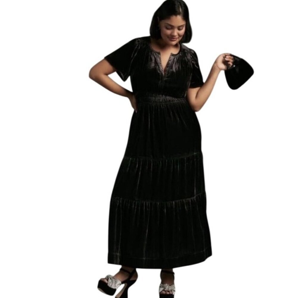 Anthropologie Gunmetal Velvet tiered ruched Maxi Dress L petite romantic feminin